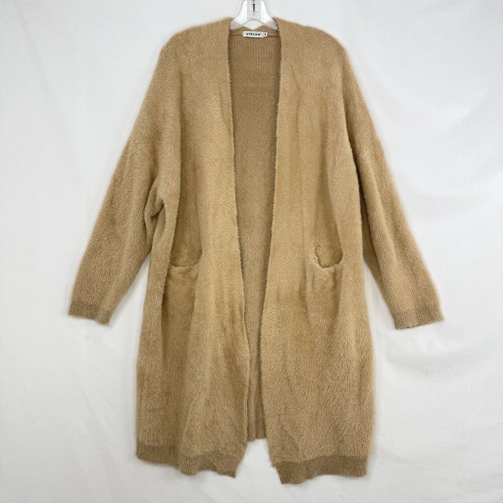 STELEN Fuzzy Knit Long Cardigan Sweater Camel Tan Open Front Slouchy Womens Sz M - Picture 2 of 16
